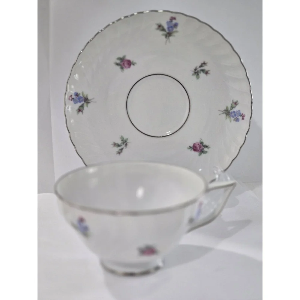 Vintage Royal Tettau Dresden Flowers Platinum Trim Footed Cup & Saucer